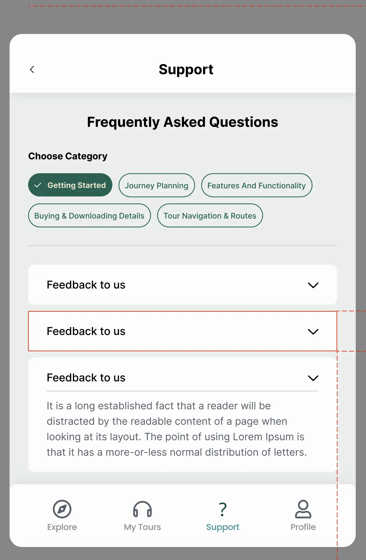 FAQ and support screen